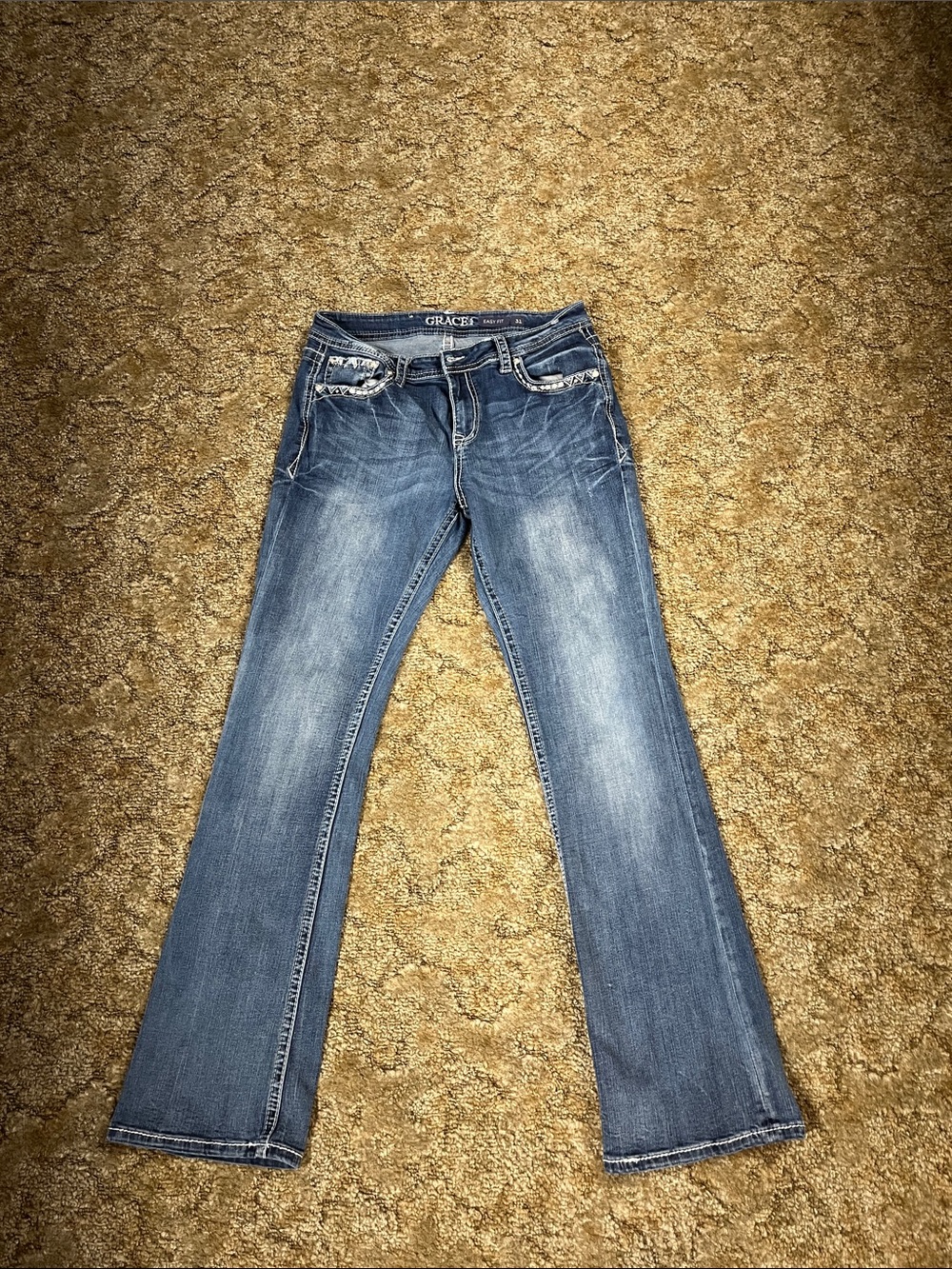 Grace in LA Medium Blue Flared Jeans with Subtle Whiskering
